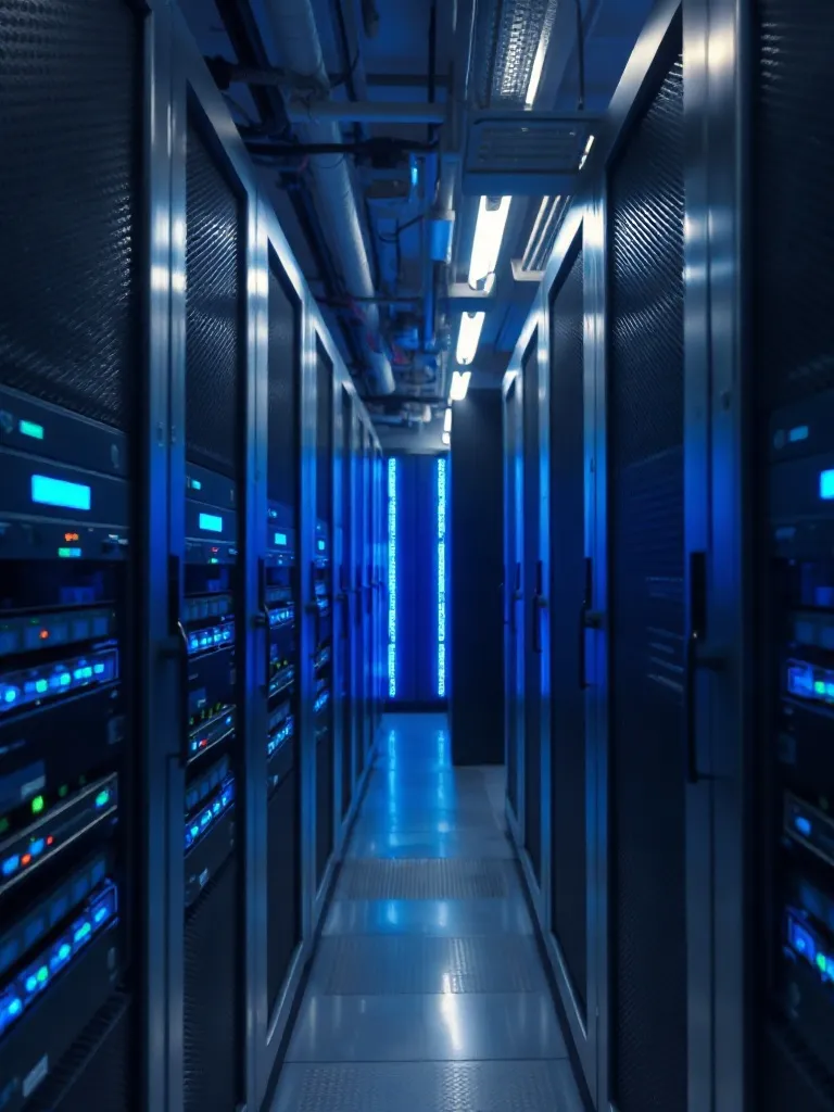 High-tech server room with blue LED lights and brushed steel