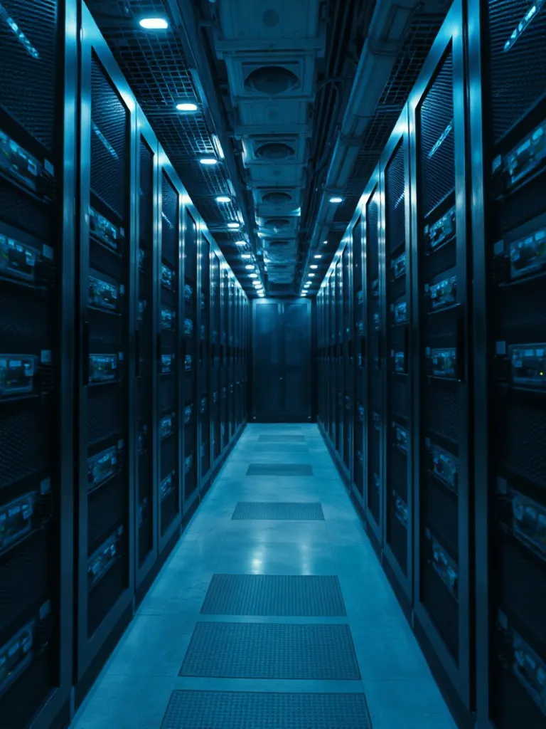 High-tech server room with blue LED lights, clean industrial